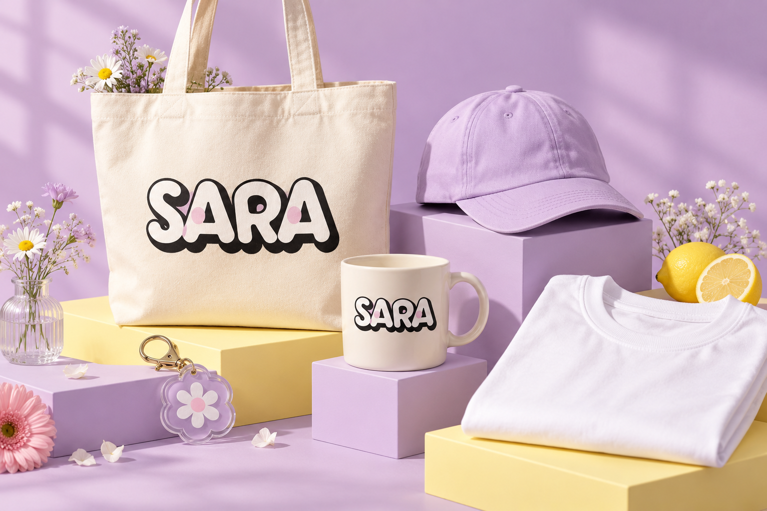 SARAのロゴ入りトートバッグとマグカップ、ラベンダー色のキャップ、Tシャツ、花形チャームの制作イメージ